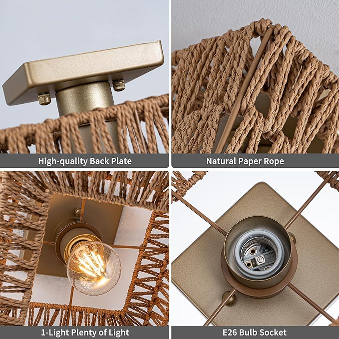Rattan Ceiling Light, Gold Boho Light Fixture, Square Flush Mount Ceiling Light for Bedroom, Hallway, Entryway, Kitchen, Cabinet