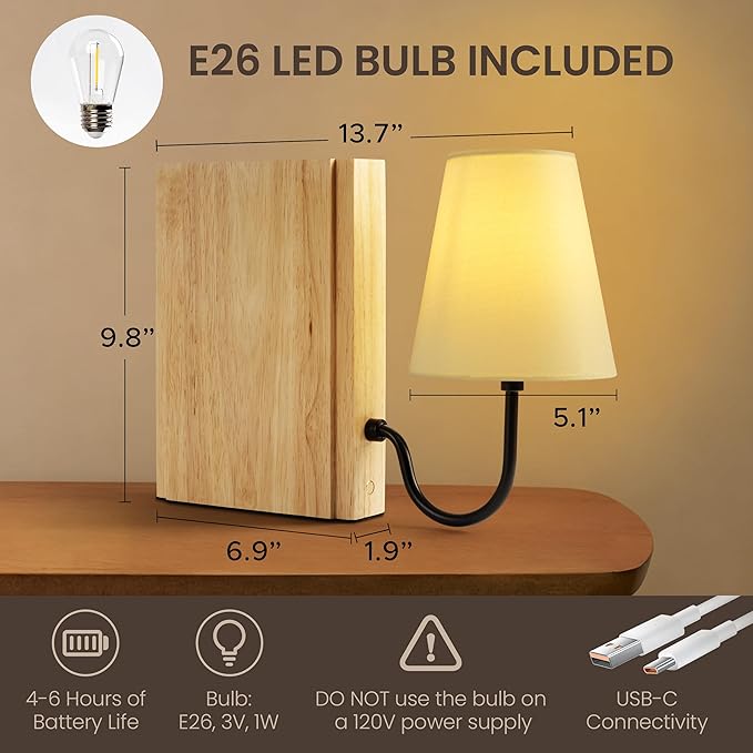 AELS Wooden Bookshelf Lamp with Bulb, Cordless Touch Dimmable Table Lamp with Linen Fabric Shade, Battery Operated, Modern Decorative Bookend, Book Sconce for Office Home Bedroom Bookshelf, Natural