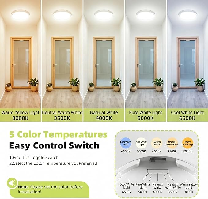 hepside 7 Inch White Flush Mount Ceiling Light, 15W 1800LM Ceiling Light Fixture,3000K/3500K/4000K/5000K/6500K Color Selectable, LED Flat Ultra-Thin Round Lighting Fixture for Closet Bathroom Hallway