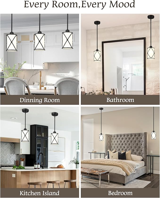 Pendant Lights Kitchen Island 3 Pack, Black Kitchen Pendant Lighting Over Island with Milk Glass and Rods, Modern Mini Hanging Light for Sink Dining Room, CH9176BKW-3PK
