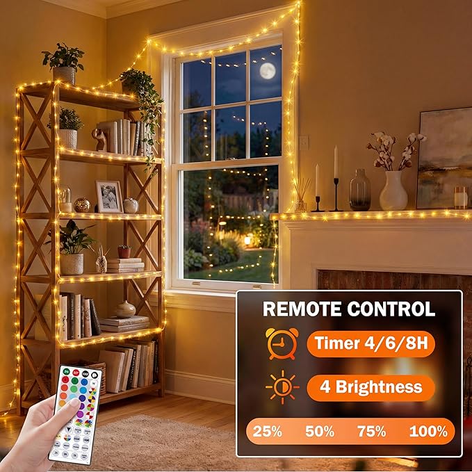 50FT 150 LED Fairy Lights Plug in, 30V 24 RGB Colors+Warm White Color Changing Twinkle Lights, 150 Lighting Modes Timer with Remote for Bedroom Trees Garden Party Wedding DIY Décor