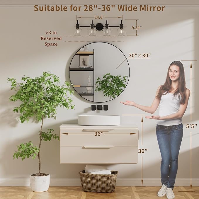 Matte Black Bathroom Vanity Light Fixtures, 4 Light Vanity Lighting Fixtures with Clear Glass Shade, E26 Base, UL Certification (Exclude Bulb)
