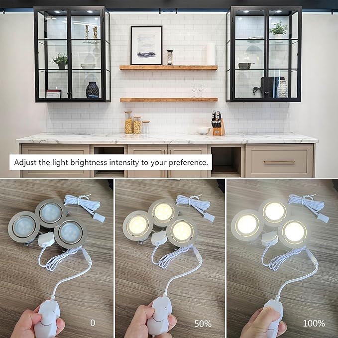 LED Puck Lights Wired Recessed Under Cabinet Lighting Dimmable,Halogen Bulb Retrofit Puck Light Plug in,60mm Cutout,3000k Warm White,12V Kitchen Counter, Book Shelves,Display Case,Curio Lamp,6pcs