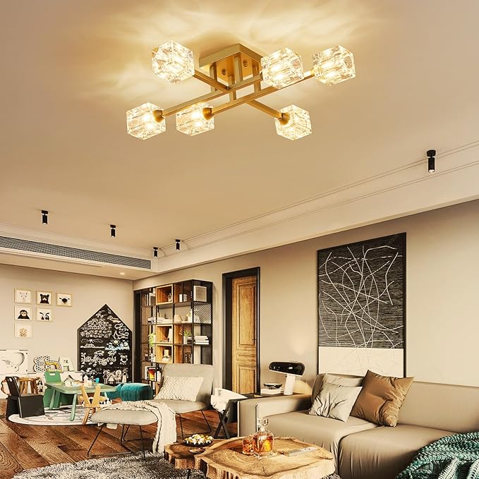 XINGQI Modern Ceiling Light Sputnik 6-Light Semi Flush Mount Ceiling Light Fixtures, Mid Century Antique Gold Chandeliers for Bedroom Dining Room Powder Room
