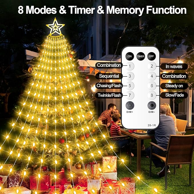 Christmas Decorations Star Lights Outdoor, 23ft 11 Strand 818 LED Waterfall Tree Lights with 8 Modes Timer Remote Plug in Christmas Lights for Indoor Yard Patio Home Holiday Party Decor, Warm White