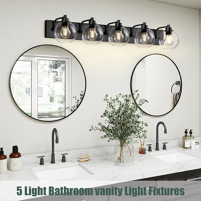 Espird 5 Light Bathroom Light Fixtures-Matte Black Bathroom Vanity Lights, Modern Vanity Lights 5-Light Bathroom Lighting Fixtures Over Mirror with Clear Glass Globe Shade