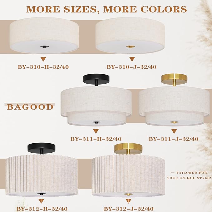 Bagood 12.6 Inch Flush Mount Ceiling Light 2-Light Drum Modern Gold Light Fixture Ceiling Light Fixture Close to Ceiling Light Fixture with Fabric Shade for Living Room Hallway Kitchen Bedroom