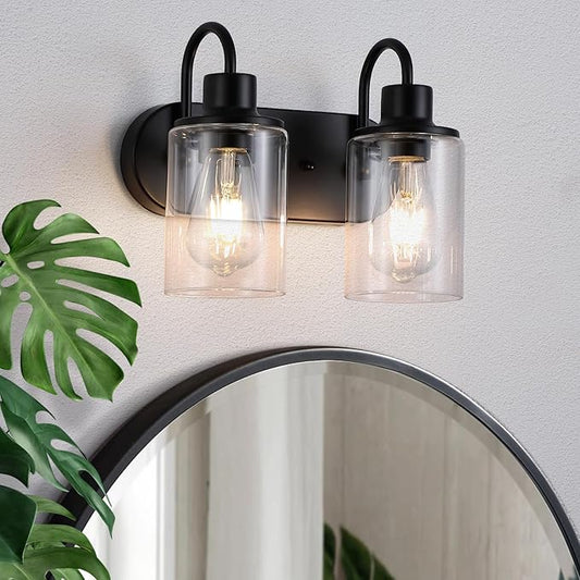 Matte Black Bathroom Light Fixtures Over Mirror,2-Light Bathroom Vanity Light with Clear Glass Shade,Modern Farmhouse Wall Sconces Lighting for Kitchen Living Room Bedroom Cabinet