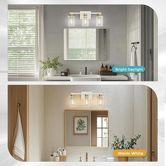 DORESshop 17 Inch Bathroom Light Fixtures, 3-Light White and Gold Bathroom Lighting Fixtures Over Mirror with Clear Glass Shade, Vanity Lights for Living Room Bedroom