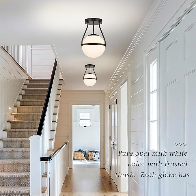 Bagood 8 Inch Mid Century Ceiling Light Modern Semi Flush Mount Ceiling Light Fixture Globe Ceiling Light Fixture with Milk Glass Shade Matte Black Finish for Kitchen Island Hallway Laundry(Bulb Incl)