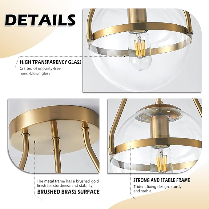 Bagood 8 Inch Mid Century Ceiling Light Modern Gold Semi Flush Mount Ceiling Light with Clear Glass Shade Globe Semi Flush Mount Ceiling Light Fixture for Bedroom Hallway Bathroom Foyer (Bulb Incl.)