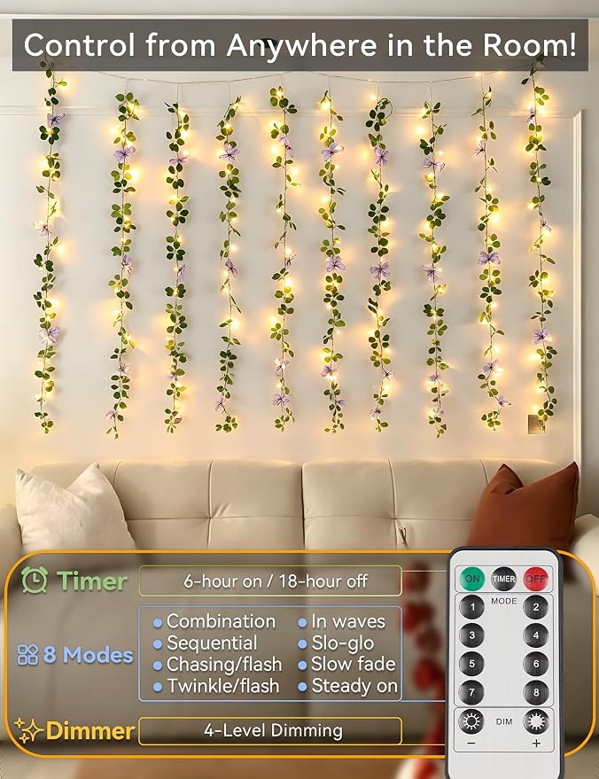 suddus Vine with Lights, Vine Lights with Butterfly for Wall,Bedroom, Dorm, Wedding, Party, Indoor Decor