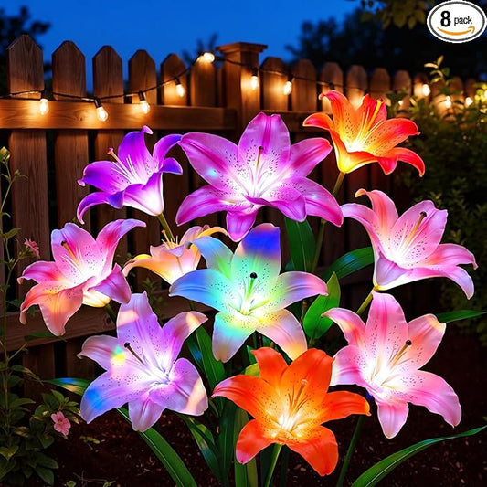 LETMY 8 Pack Solar Garden Lights, Solar Flower Lights with 6 Head Bigger Lily Lights, IP65 Waterproof Solar Lights Outdoor, Decorative Lights for Garden, Patio, Yard, Flower Bed