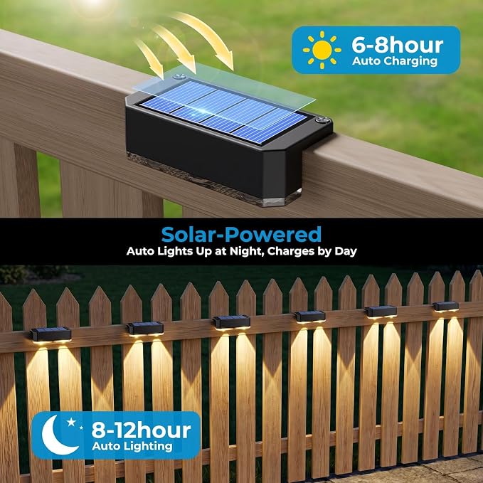 Peasur 8 Pack Solar Fence Lights Outdoor, Railing Light Solar Powered, IP65 Waterproof Led Deck Solar Lights for Outside Backyard Balcony Porch, Warm White