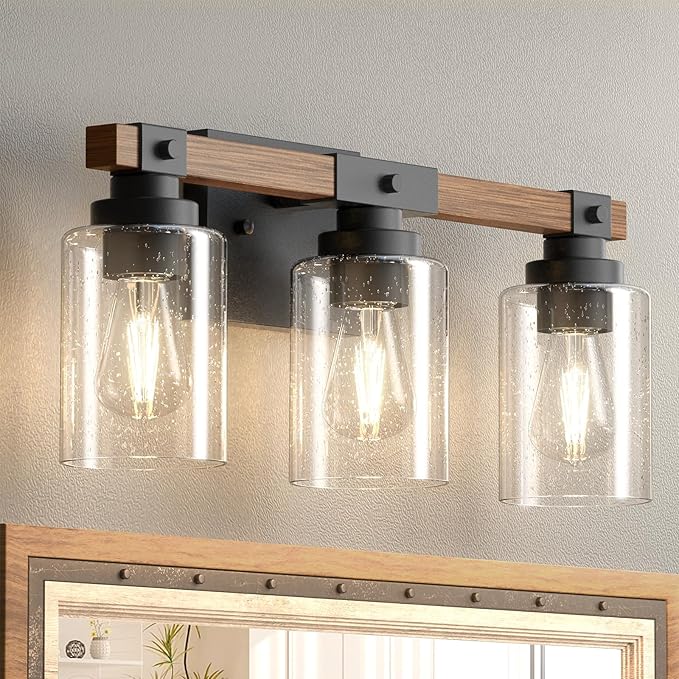 Amico 3-Light Farmhouse Vanity Light Fixture, Rustic Wood Bathroom Light Fixtures, Industrial Vintage Black Wall Sconces Lights with Bubble Glass Shade for Mirror, Bedroom, Living Room, Hallway