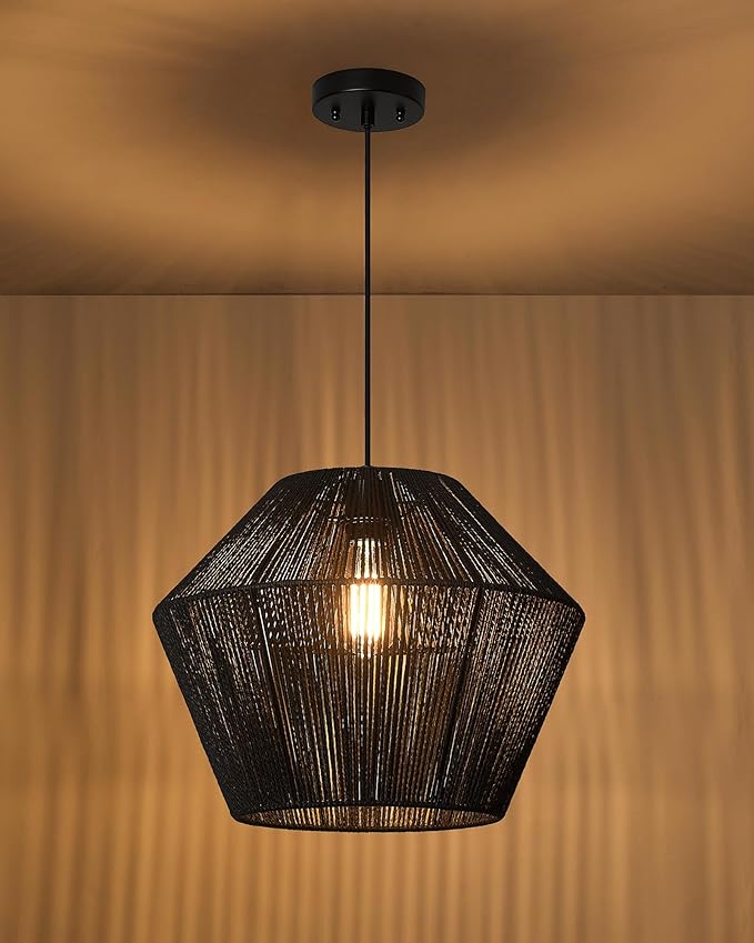 ELYONA 16.5” Large Modern Woven Chandelier Farmhouse Coastal Pendant Light Fixtures Matte Black Handwoven Rattan Basket Shade Boho Pendant Hanging Lamp for Kitchen Dining Room Bedroom Foyer Hallway
