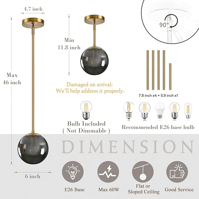 Bagood 6 Inch Globe Pendant Light Gold Globe Pendant Lights Kitchen Island Mid Century Light Fixture with Gray Clear Glass Contemporary Adjustable Hanging Lights for Dining Room (Bulb Included)