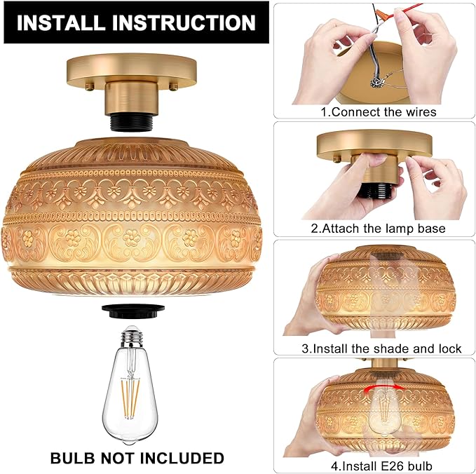 Semi Flush Mount Ceiling Light, Upgraded Modern Close to Ceiling Light Fixture with Amber Glass,Gold Indoor Kitchen Lighting for Porch Corridor Hallway Bedroom, Bulb Not Included