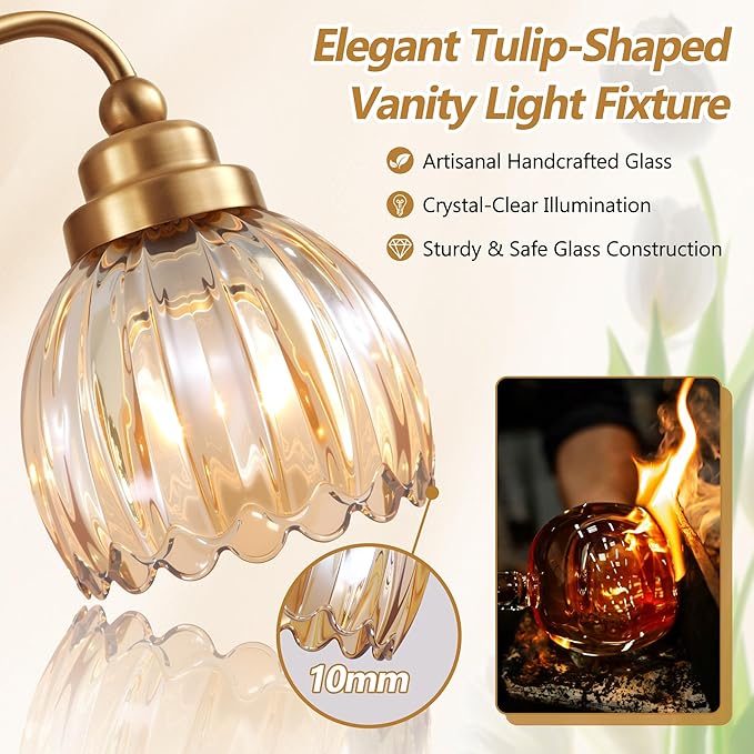 Vintage Bathroom Light Fixtures, 4 Light Gold Bathroom Vanity Light, Matte Antique Brass Finish with Amber Crystal Glass Shade, Wall Sconces Lighting for Bedroom, Living Room（Amber-colored Glass）