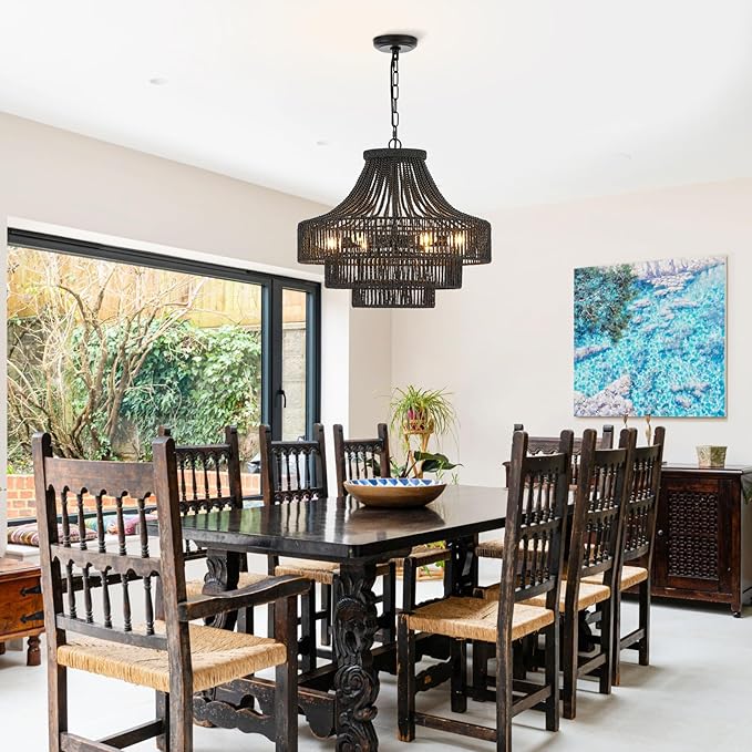 20" Black Wood Beaded Rattan Chandelier Boho Hand Woven Pendant Light for Dining Living Room Kitchen Bedroom, UL Listed