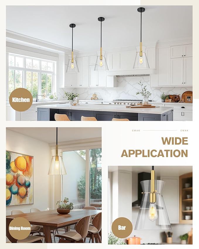 Emak Modern 9 Inch Black and Gold Pendant Lights Kitchen Island, 2 Pack Large Pendant Light with Clear Glass Shade, Farmhouse Island Lights for for Kitchen, Dining Room, Bathroom, PL130-BKBGD-CG-2PK