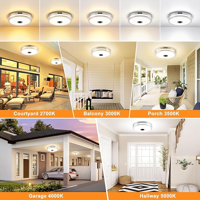 24W LED Motion Sensor Outdoor Ceiling Light, 12IN 2700K/3000K/3500K/4000K/5000K Adjustable Ceiling Lights, Dusk to Dawn Flush Mount LED Ceiling Light Fixture for Porch, Garage, Nickel, 2 Pack
