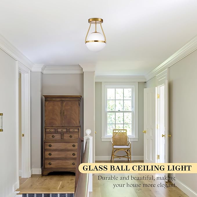 Bagood Globe Semi Flush Mount Ceiling Light Mid Century Modern Globe Ceiling Light Fixture with Milk Glass Shade Brass Finish for Living Room Hallway Kitchen Island Dining Room Laundry (Bulb Incl.)…