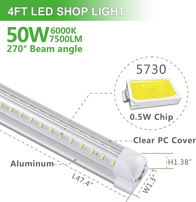 Skymoatled 4FT LED Shop Light, 50W 7500LM 6000K/White Super Bright, T8 Integrated Tube Light Fixture, Plug and Play, Linkable for Room, Garage, Workbench, Under Cabinet (2 Pack)