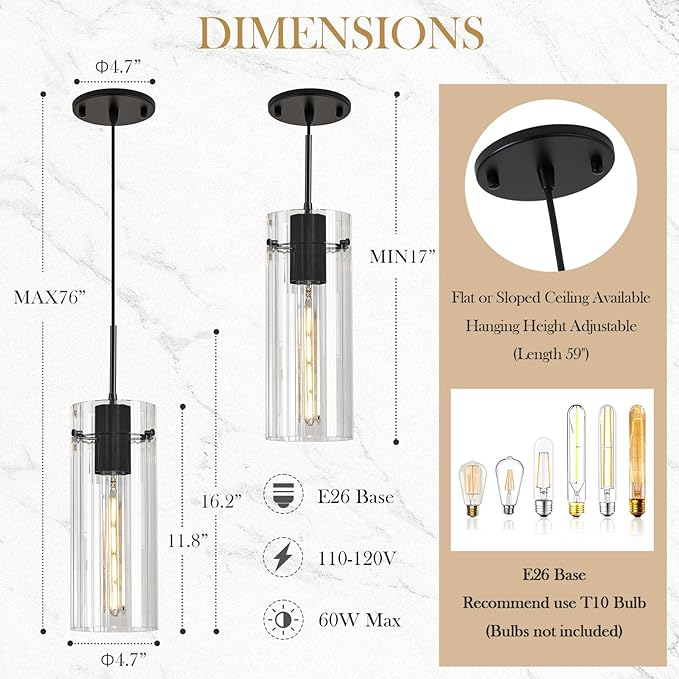 Black Glass Pendant Lights for Kitchen Island, Modern Ribbed Glass Pendant Lighting, Adjustable Cord Single Hanging Light Fixture for Dining Room, Bedroom, Bathroom