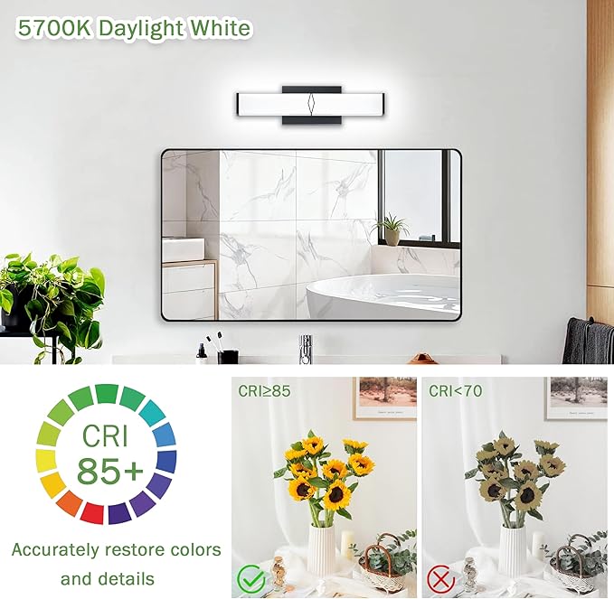 16 Inch Bathroom Vanity Light 2000LM, 5700K Daylight White Modern Bathroom Light Dimmable, AC 120V 20W Matte Black LED Vanity Lighting Fixtures Wall Sconce ETL Certified, 1Pack