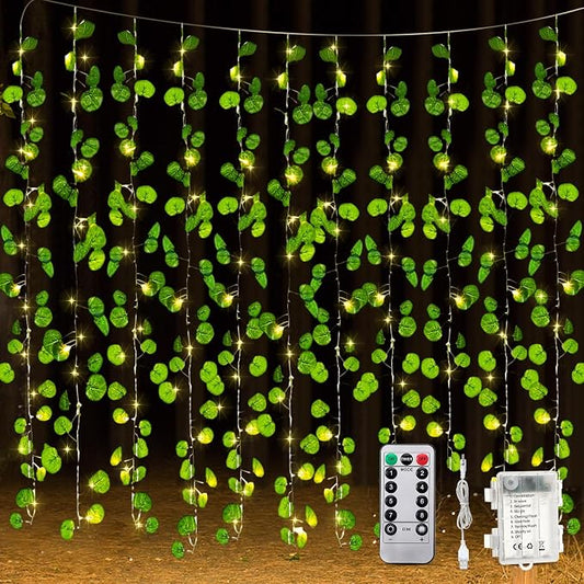 Unittype 15 Pcs 6.6 ft 300 LED Fake Ivy Vines with Lights for Bedroom String Fairy Light Curtain Artificial Hanging Vines Plant Garland with Light for Wall Outdoor Indoor Decor(Eucalyptus Leaf)