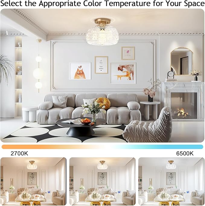 Semi Flush Mount Ceiling Light Fixture, 11" Vintage Gold Hallway Lights Fixture Ceiling with Clear Glass for Kitchen, Hallway, Bathroom and Entry Way,Compatible with E26 Light Bulb