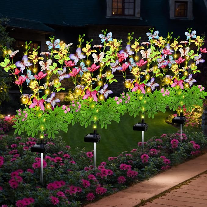 Solar Garden Lights Outdoor Waterproof,4 Packs Solar Swaying Butterfly Lights Decor,Gardening Butterfly Gifts for Mom Women,Solar Flowers Plant Lights Decorative Stakes for Yard Patio Lawn Pathway