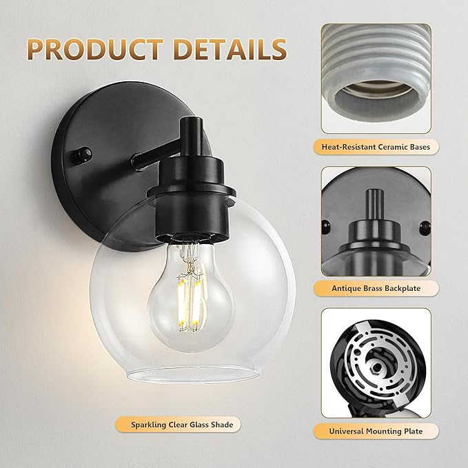 Black Bathroom Vanity Lights, 1-Light Wall Sconce with Glass Globe Shade, Vanity Lighting for Bathroom/Bedroom/Dressing Room, Vertical/Horizontal Mounted, E26 Bulb Base (Bulb Not Included)