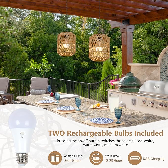 HMVPL Battery Operated Chandelier, Rattan Battery Operated Pendant Light with Remote, Boho Outdoor Chandelier for Gazebo, Wicker Gazebo Light, Outdoor Hanging Lamp for Patio Pergola Indoor(2 Pack)