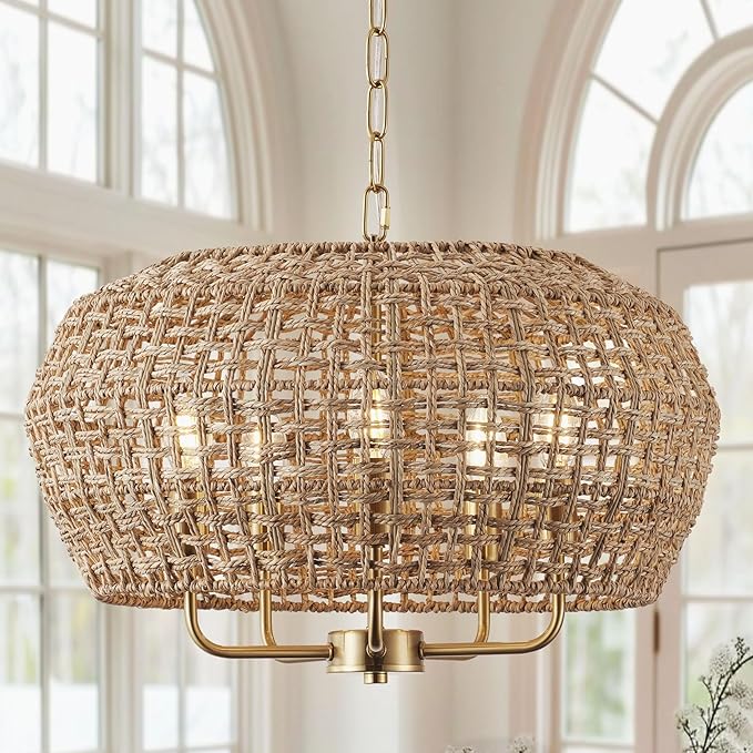 20" Boho Rattan Chandelier for Dining Room,5-Light Hand-Woven Natural Rattan Ceiling Light Fixture with Adjustable Chain, E12 Sockets Dimmable Pendant Light for Kitchen Living Room Hotel(Gold)