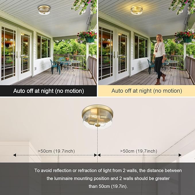 Motion Sensor Ceiling Light Indoor, 2-Light Hallway Lighting Fixtures with Motion Sensor Flush Mount, Modern Farmhouse Ceiling Lamp Clear Glass for Kitchen Porch Entryway Brushed Gold