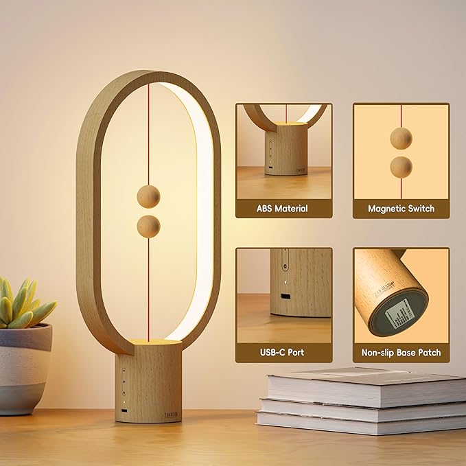 Table Lamp for Bedroom - Balance Lamp,Bedside Lamp with Touch Dimmer,Nightstand Lamp,3 Level Brightness Rechargered Night Light for Home,Office,College Dorm (Wood Color)