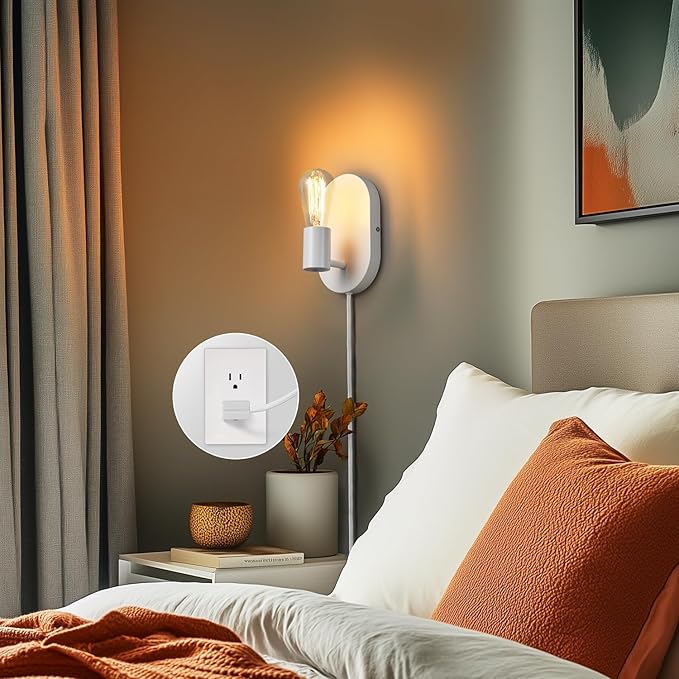 Globe Electric 65000134 1-Light Plug-in or Hardwire Wall Sconce, Matte White, 6ft White Fabric Covered Cord, Inline On/Off Rocker Switch, Bedroom, Living Room, Mounted Lamp