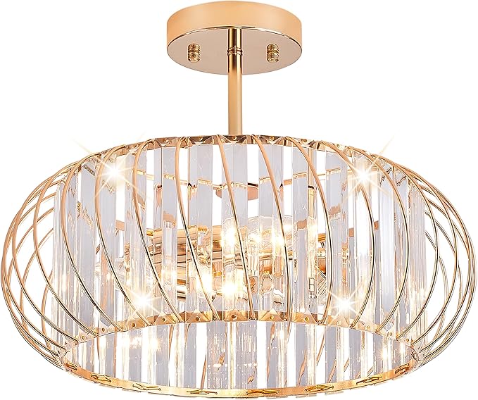 16 Inch Semi Flush Mount Crystal Ceiling Light, 3-Light Metal Cage Hallway Ceiling Lamps, Farmhouse Ceiling Light Fixture, Industrial Crystal Chandelier for Corridor Bathroom Kitchen (Gold, 16 Inch)