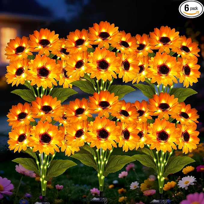 Solar Lights Outdoor, Gift for Women, Mom Grandma, 6 Pack with 36 Solar Sunflower Lights, Solar Flower Lights Waterproof, Sunflower Outside Decorative Stake Light for Landscape Yard Patio Lawn Pathway