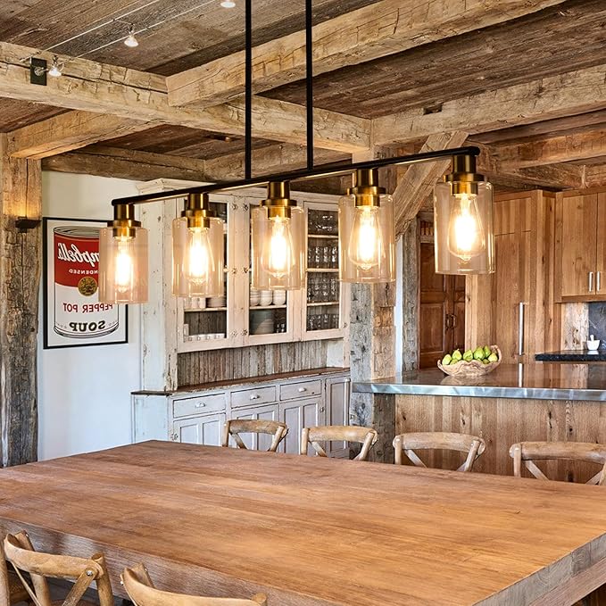 Dining Room Light Fixture,5-Light Farmhouse Linear Chandeliers for Dining Room Over Table，Matte Black and Gold Finish Kitchen Island Pendant Lighting for Kitchen Island，Pool Table Light