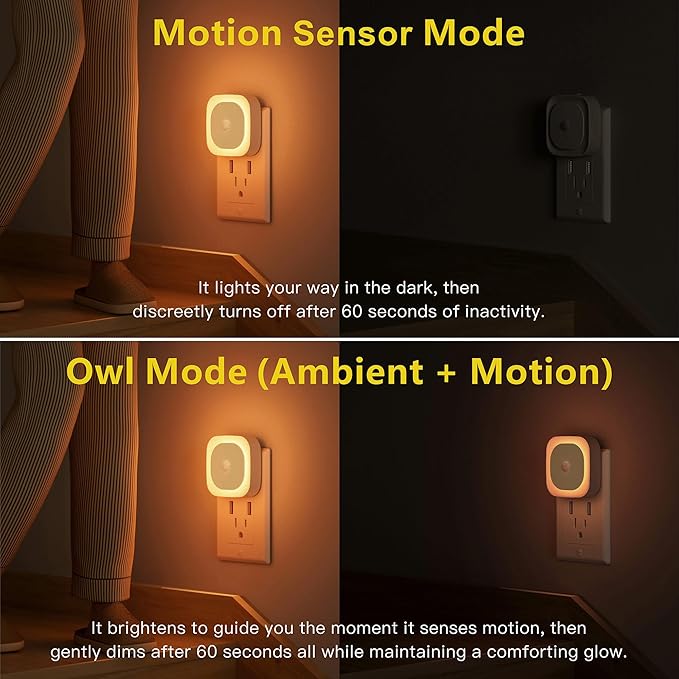 YUNLEX 2 Pack Plug in Amber Night Light with Motion Sensor & Dusk to Dawn Sensor, 3 Sensor Modes, Dimmable Night Lights Plug into Wall, Nightlight for Kids, Sleep, Bathroom, Bedroom, as Mother Gifts