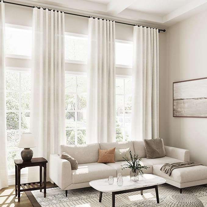Nanspring 144 Inch Long Curtains 2 Panels for Living Room Back Tab Neutral Farmhouse Extra Long Drapes Semi Sheer Linen Curtain 144 inches Long for Floor to Ceiling High Window Patio Sliding Door