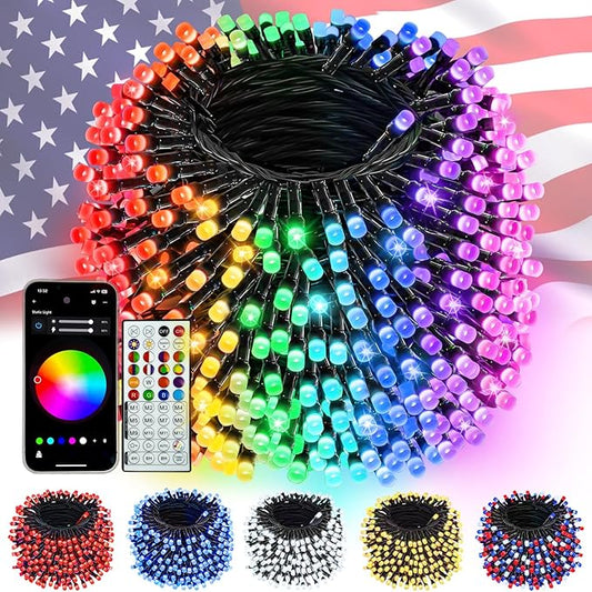 500LED Smart 4th of July String Lights App Controlled, 175FT Waterproof Red White and Blue Lights, Patriotic RGB Color Changing Twinkle Light with Remote & Timer Indoor Outdoor for Memorial Day Decor