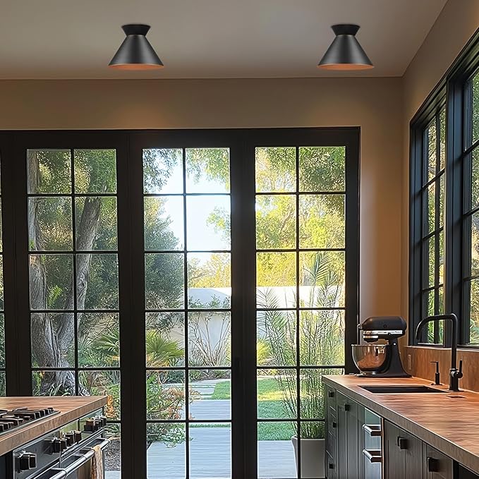 Globe Electric 1-Light Flush Mount Ceiling Light, Matte Black, Bronze Trim on Shade and Canopy, Accent, Kitchen, Home Improvement, Hallway, Front Door, Entry, Dimmable
