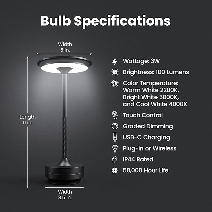 Feit Electric Rechargeable Table Lamp Touch Activated, 3 Color Temperatures, Dimmable, 100 Lumens, 3 Watts, USB Type-C Charging, Potable & IP44 Rated for Indoor/Outdoor Use, TABLE/3CCT/BK/BAT