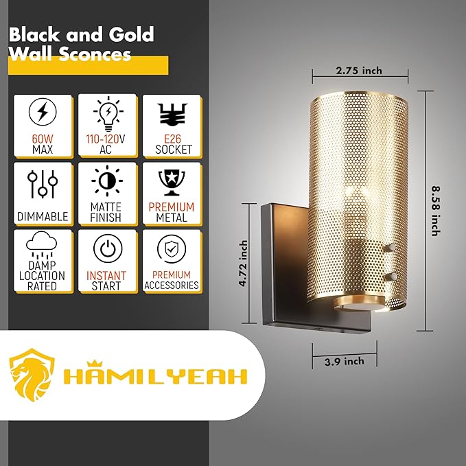 Hamilyeah Industrial Wall Sconces Set of Two, Vintage Brass Gold Sconces Wall Lighting Fixture with Grid Mesh Shade, Indoor Hardwired Wall Sconces for Bedroom Home Theater Bathroom