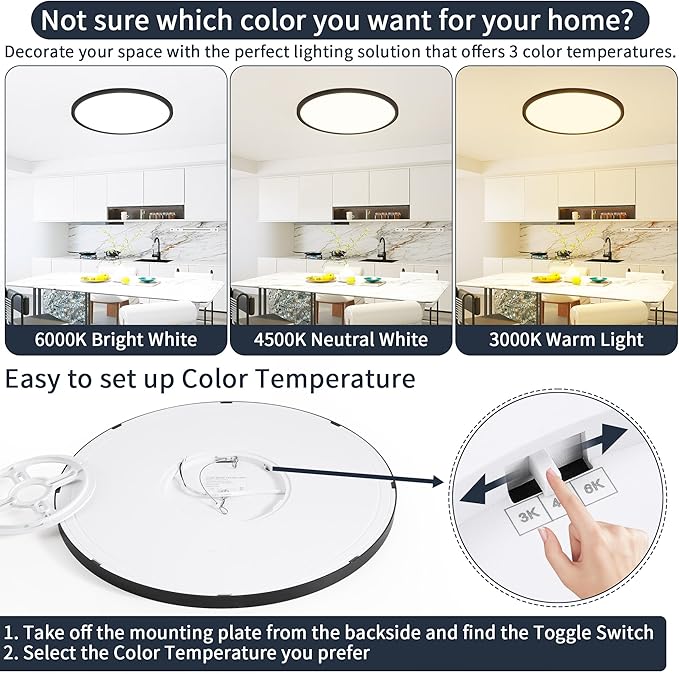 12 Inch Flush Mount Ceiling Light, 24W Dimmable LED Fixture 2400LM, 3000K/4500K/6000K Adjustable, Ultra Thin Round Ceiling Lamp for Bedroom, Kitchen, Living Room, Dining Room, Bathroom, Black