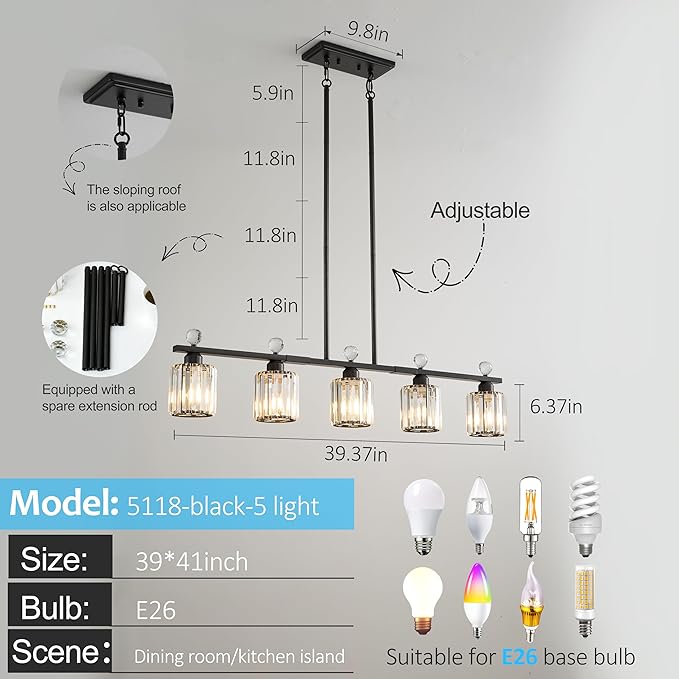 Modern Dining Room Light Fixture Over Table, Crystal Pendant Lights Kitchen Island, Chandeliers for Dining Room Kitchen Light Fixtures (E26) 5-Light Black